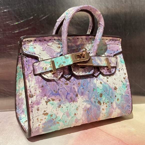 🐍👜 Handmade Genuine Leather Mini Pastel Snakeskin Birkin Textured Tote Bag Charm - Picture 3 of 9